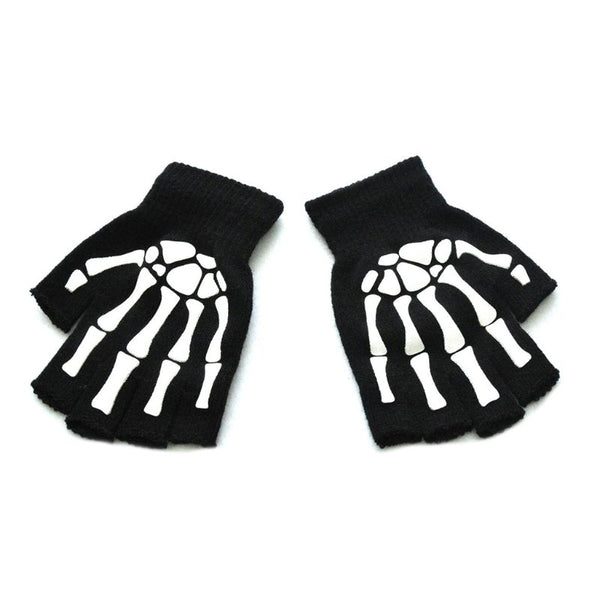 Unisex Adult Halloween Skeleton Skull Half Finger Gloves Luminous Winter Mittens C6UD