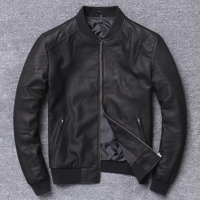 YR!Free shipping.sales.Brand New casual style leather jacket.men slim sheepskin coat.quality soft slim Bomber jacket.baseball