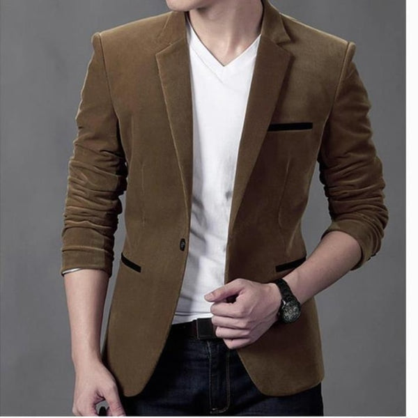 NEGIZBER 2020 New Brand Men's Suit Jackets Solid Slim Fit Single Button Dress Suits Men Fashion Casual Corduroy Blazer Men
