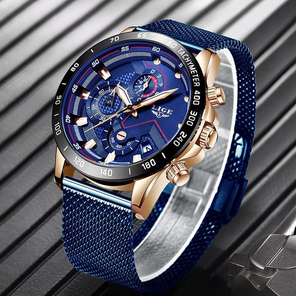 2019 nova lige azul casual malha cinto moda quartzo relógio de ouro dos homens relógios marca superior luxo à prova dlogiágua relógio relogio masculino